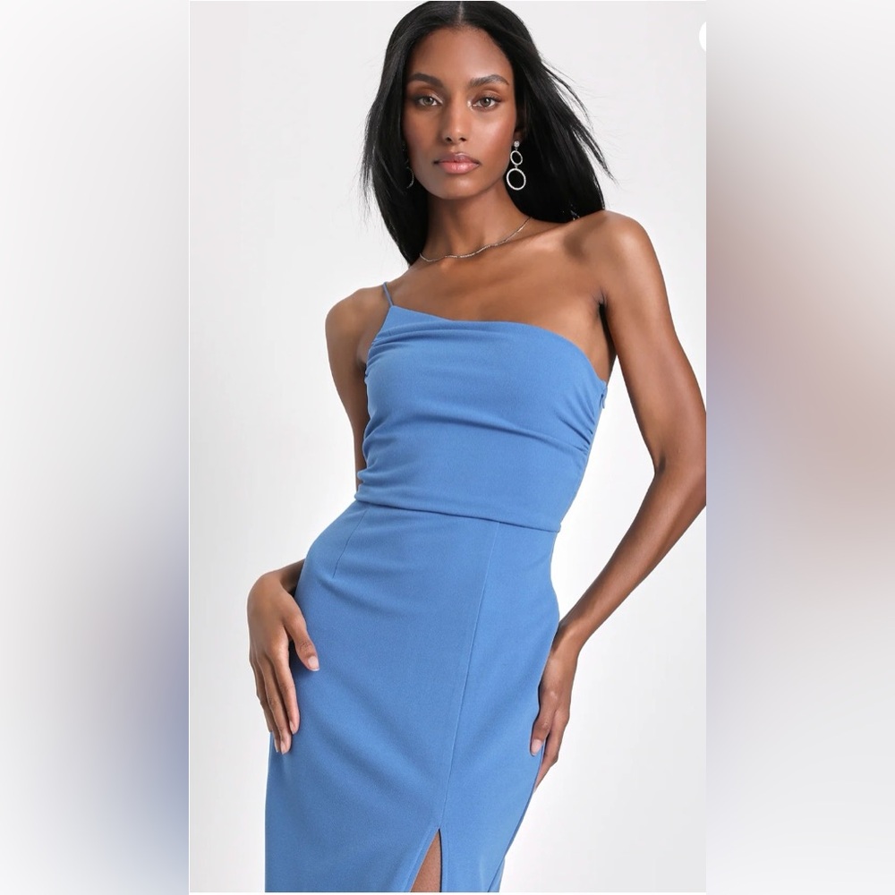 Slate Blue One-Shoulder Sleeveless Midi Dress by LuLus